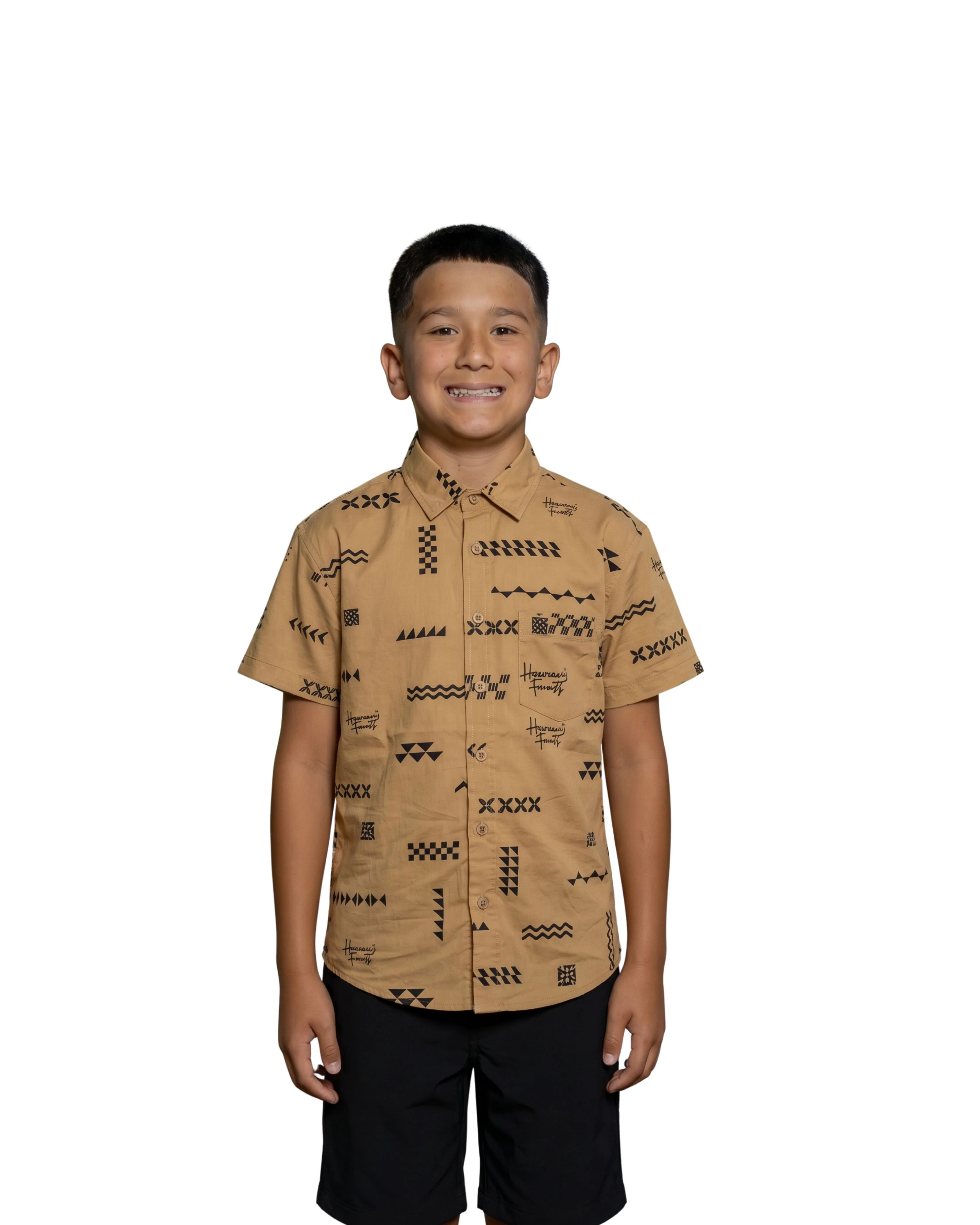 ʻANO KĀPALA KEIKI TAUPE & BLACK ALOHA SHIRT
