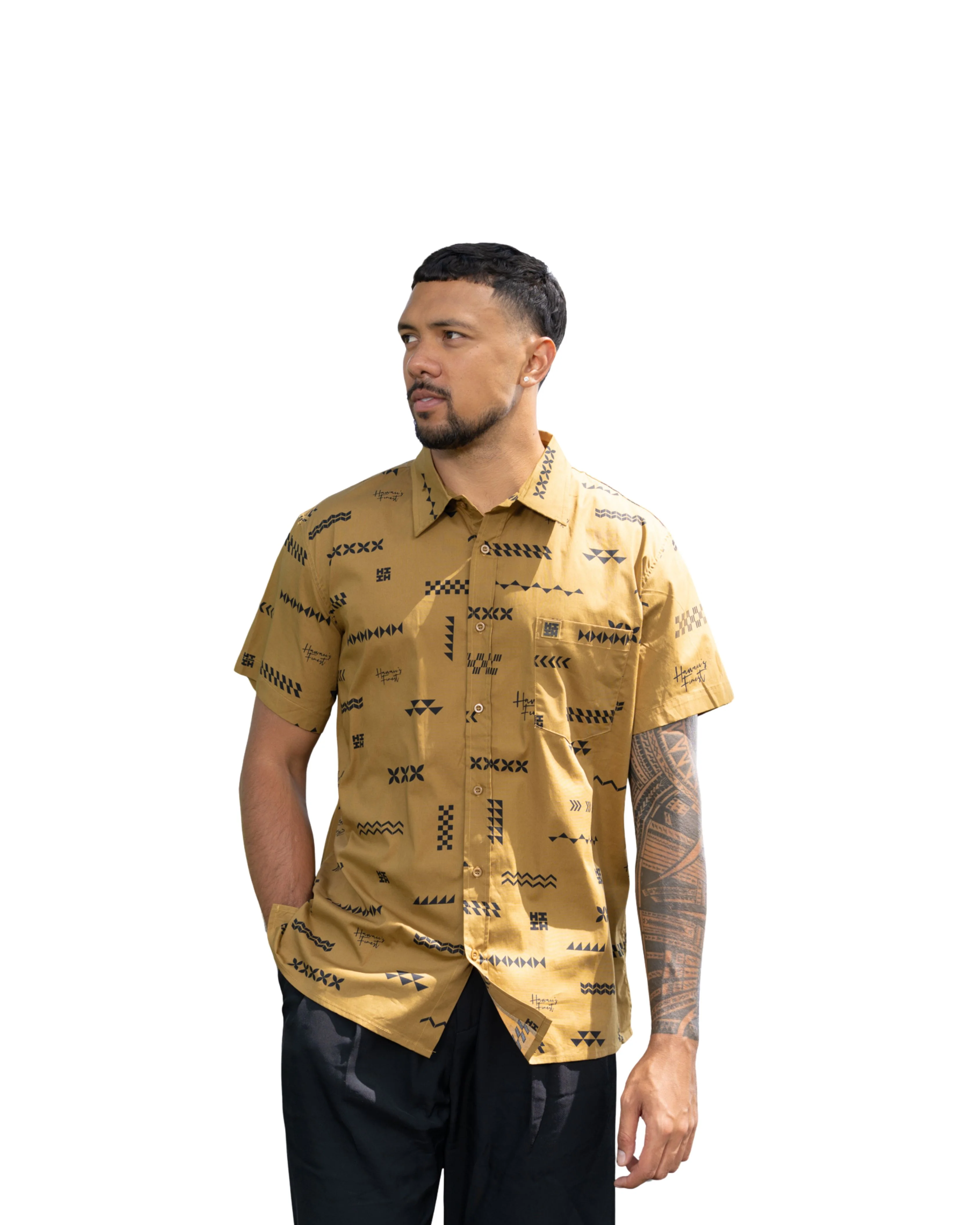 ʻANO KĀPALA MEN'S TAUPE & BLACK ALOHA SHIRT