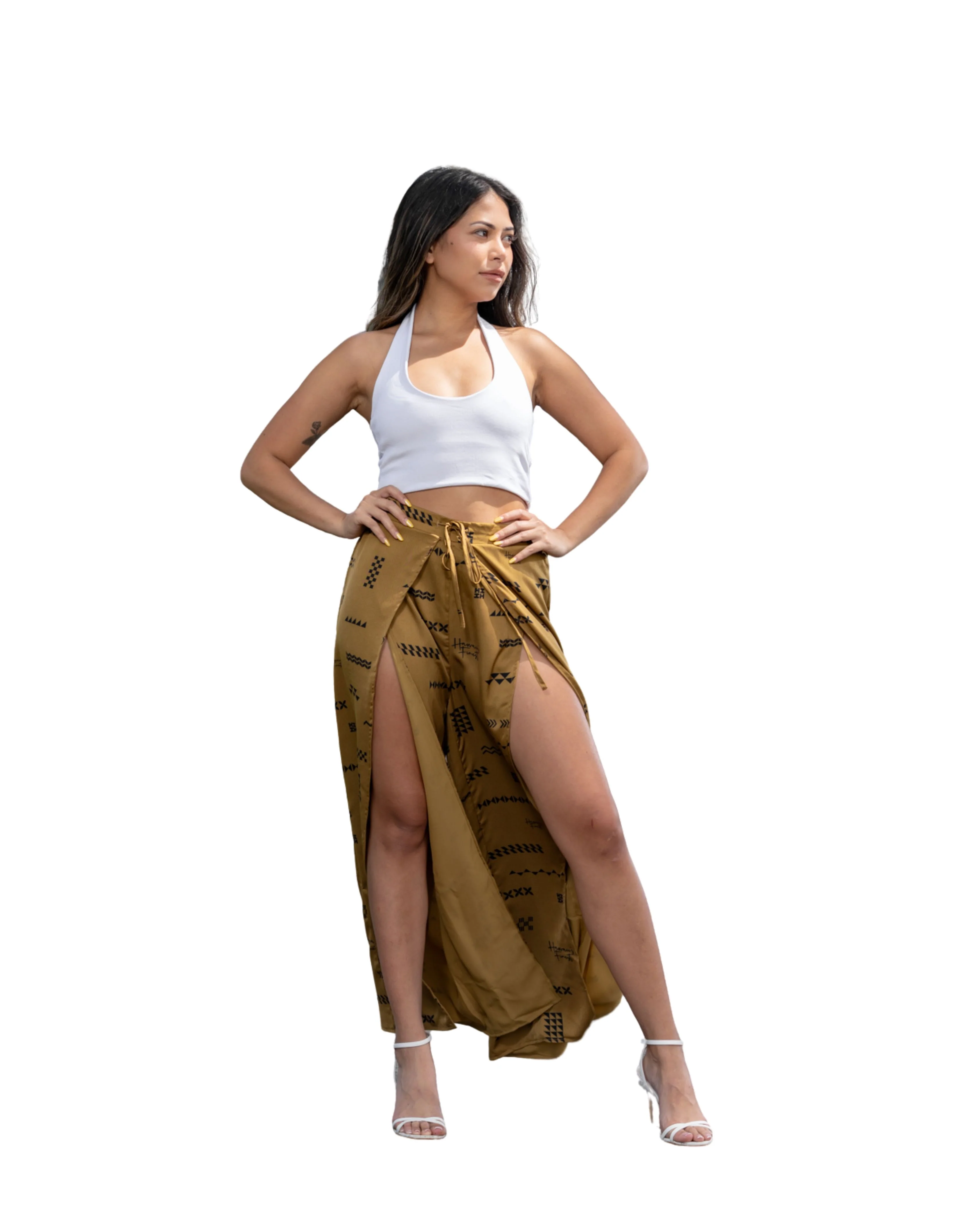ʻANO KĀPALA WOMEN'S TAUPE & BLACK SPLIT THIGH PANTS
