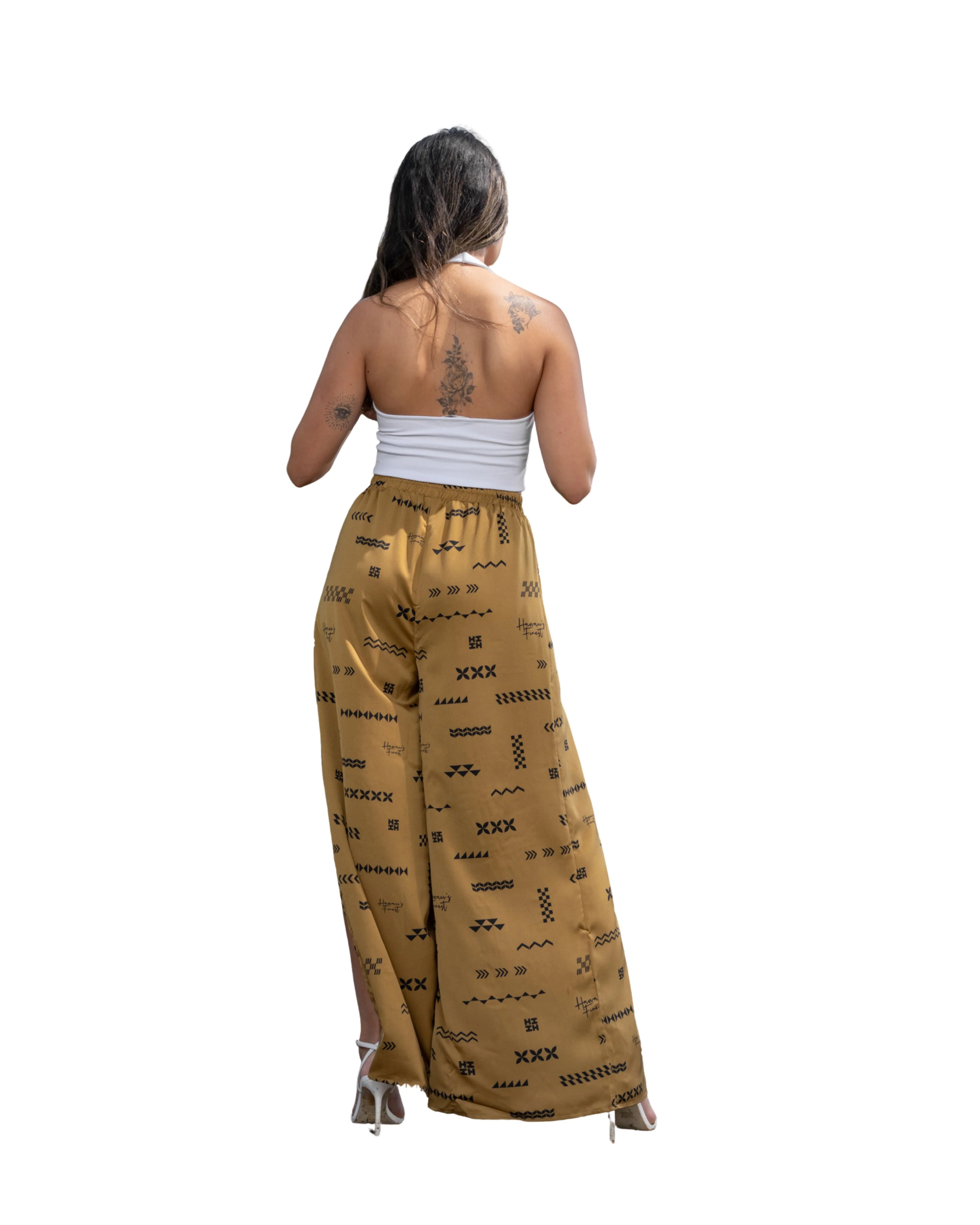 ʻANO KĀPALA WOMEN'S TAUPE & BLACK SPLIT THIGH PANTS - Image 2